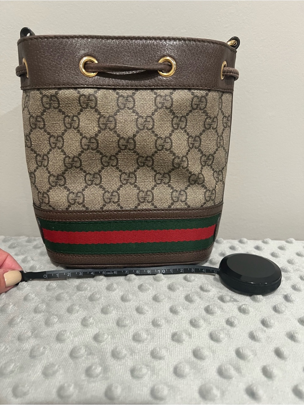 Gucci Brown Monogram Bucket Belt Bag with Green & Red Stripe